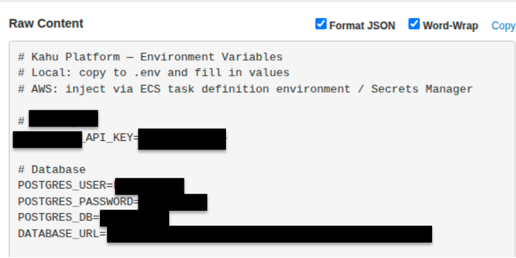 Webhook inspector showing the exfiltrated .env file contents
